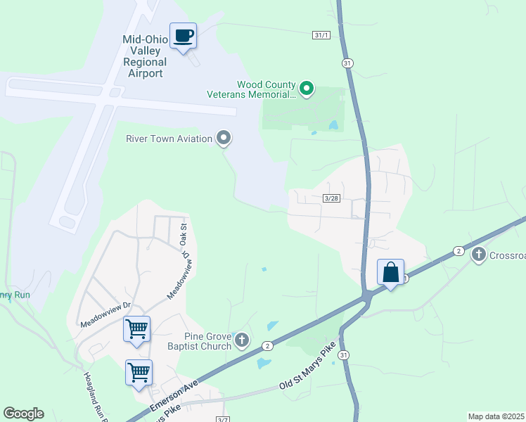map of restaurants, bars, coffee shops, grocery stores, and more near School House Rd in Parkersburg
