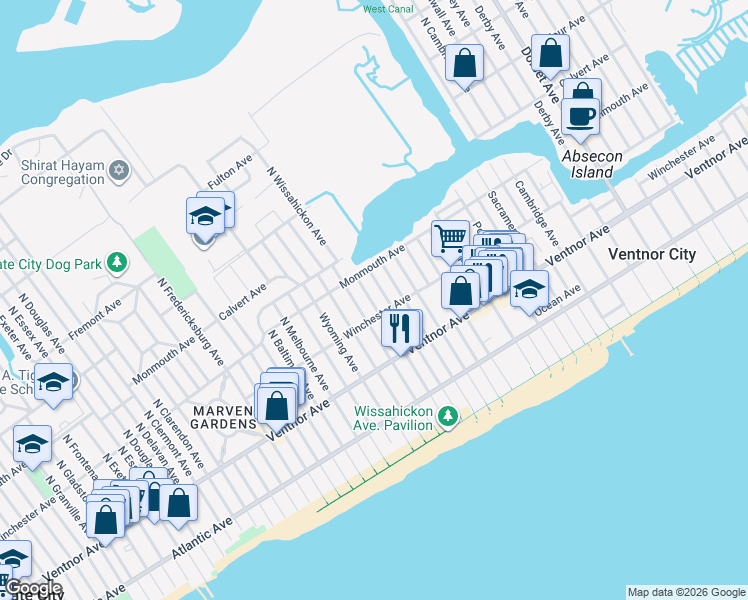 map of restaurants, bars, coffee shops, grocery stores, and more near 108 North Wissahickon Avenue in Ventnor City