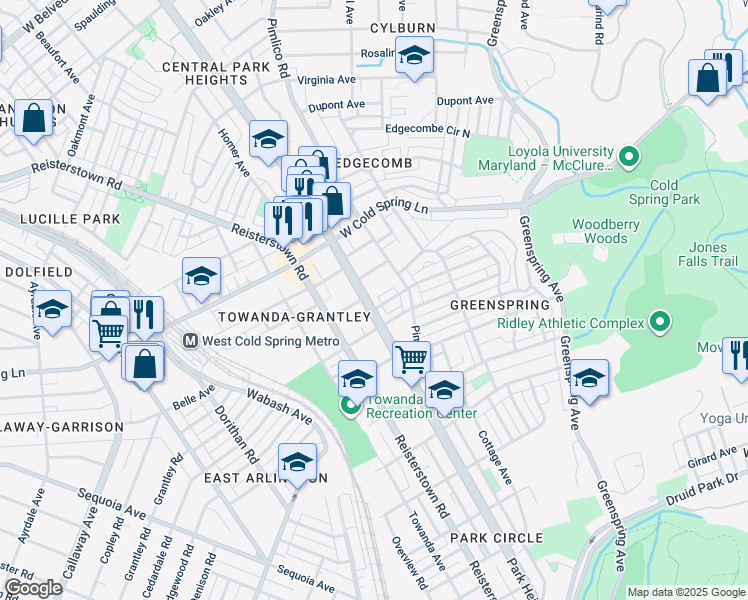 map of restaurants, bars, coffee shops, grocery stores, and more near 4225 Park Heights Avenue in Baltimore