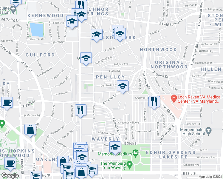 map of restaurants, bars, coffee shops, grocery stores, and more near 630 Wyanoke Avenue in Baltimore