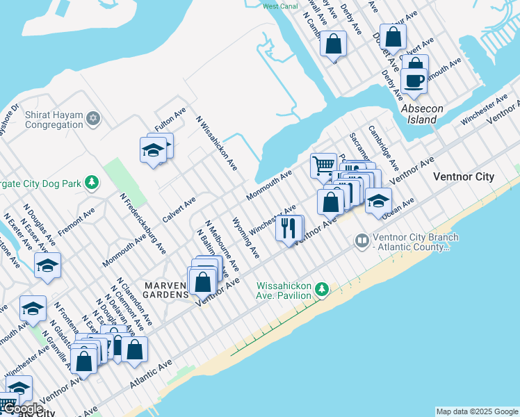 map of restaurants, bars, coffee shops, grocery stores, and more near 119 North Newark Avenue in Ventnor City