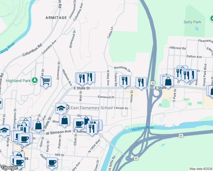 map of restaurants, bars, coffee shops, grocery stores, and more near 306E East State Street in Athens