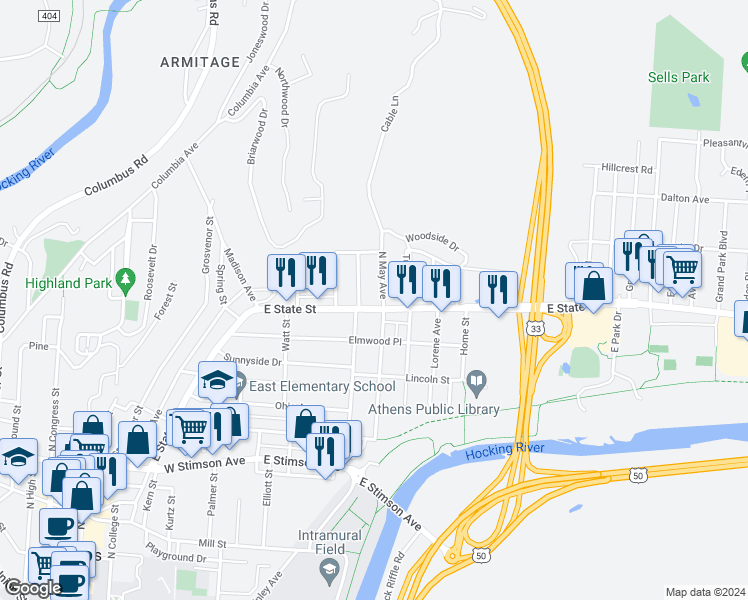 map of restaurants, bars, coffee shops, grocery stores, and more near 306E East State Street in Athens