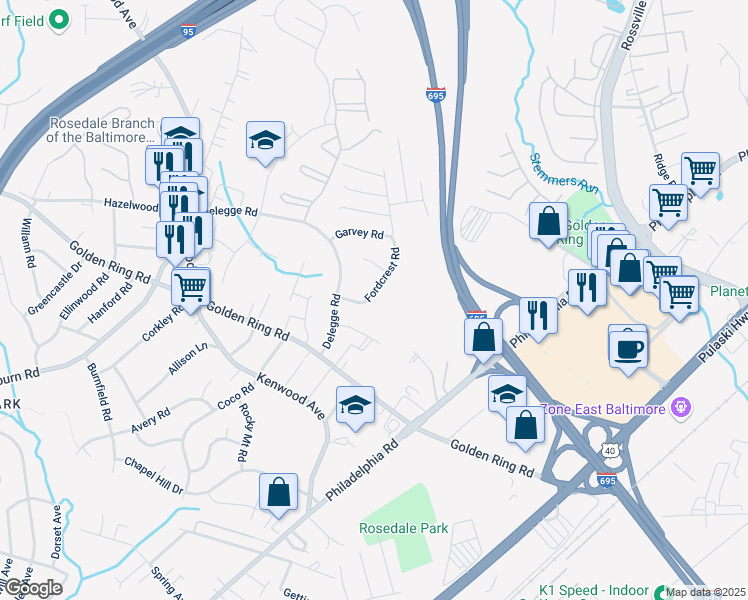 map of restaurants, bars, coffee shops, grocery stores, and more near 6715 Fordcrest Road in Rosedale