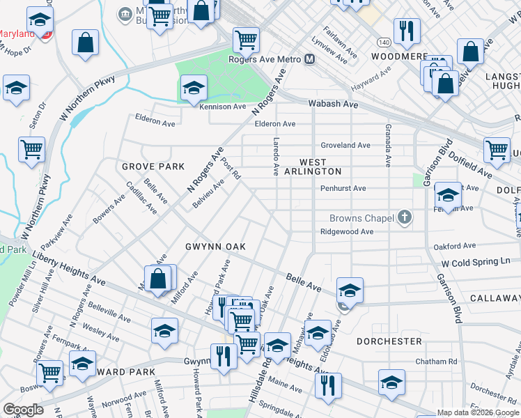 map of restaurants, bars, coffee shops, grocery stores, and more near 4503 Post Road in Baltimore