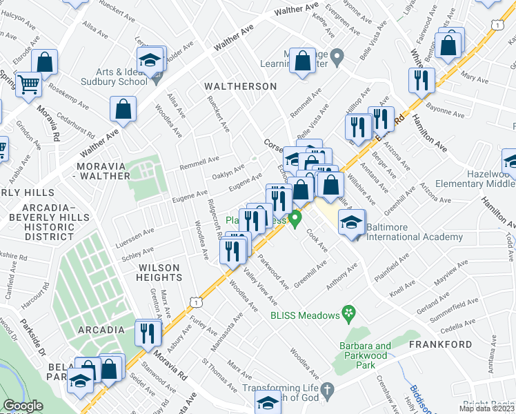 map of restaurants, bars, coffee shops, grocery stores, and more near 4008 Belwood Avenue in Baltimore