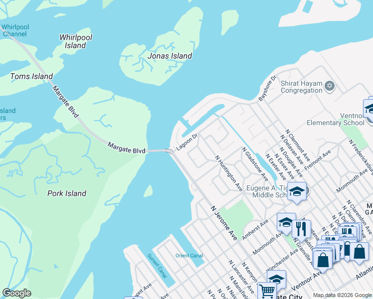 map of restaurants, bars, coffee shops, grocery stores, and more near 30 Bayside Court in Margate City