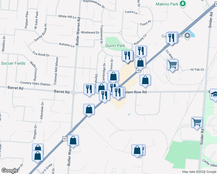 map of restaurants, bars, coffee shops, grocery stores, and more near 1085 U.S. 42 in Mason