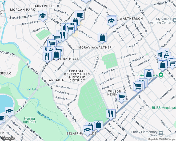 map of restaurants, bars, coffee shops, grocery stores, and more near 3339 Moravia Road in Baltimore