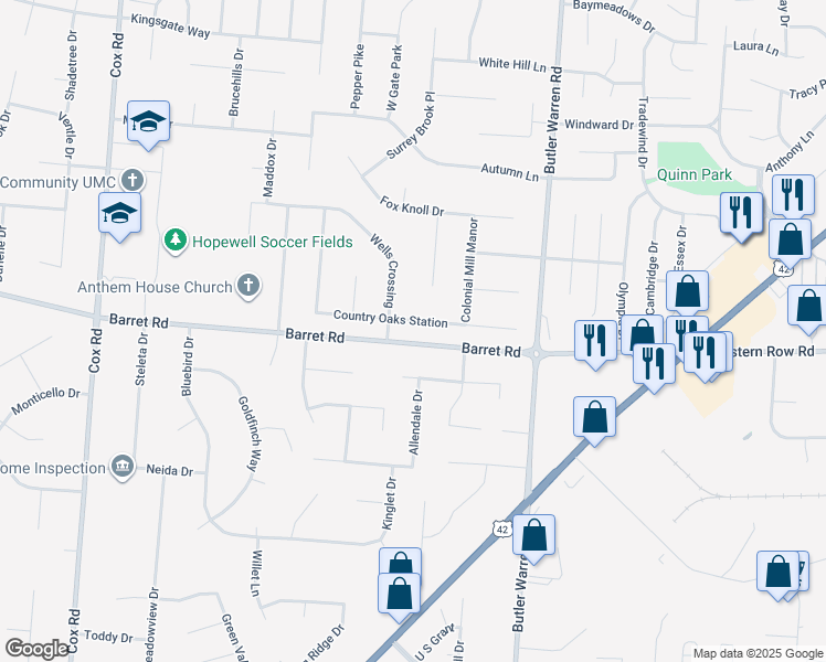 map of restaurants, bars, coffee shops, grocery stores, and more near 8247 Country Oaks Station in Butler County