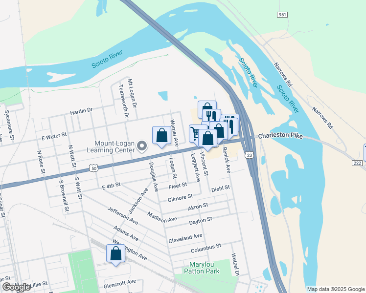 map of restaurants, bars, coffee shops, grocery stores, and more near 968 East Main Street in Chillicothe