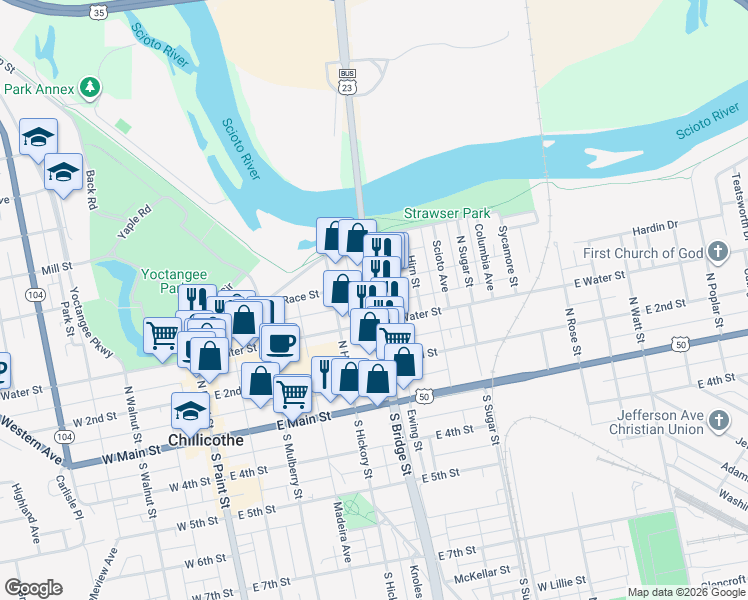 map of restaurants, bars, coffee shops, grocery stores, and more near 146 North Bridge Street in Chillicothe