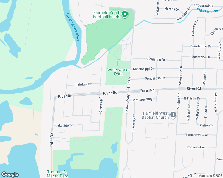 map of restaurants, bars, coffee shops, grocery stores, and more near 5731 River Road in Fairfield