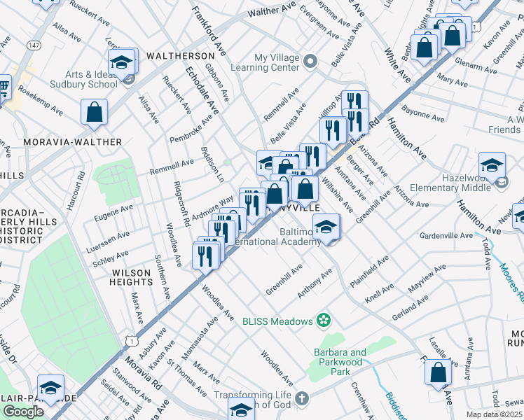 map of restaurants, bars, coffee shops, grocery stores, and more near 5214 Belair Road in Baltimore