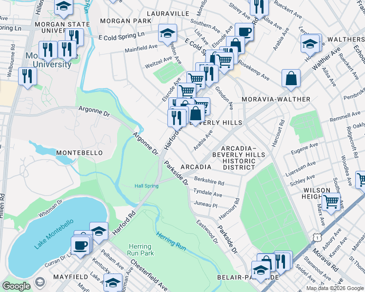 map of restaurants, bars, coffee shops, grocery stores, and more near 3006 Iona Terrace in Baltimore