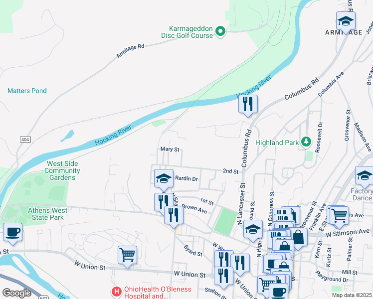 map of restaurants, bars, coffee shops, grocery stores, and more near 17 Granville Avenue in Athens