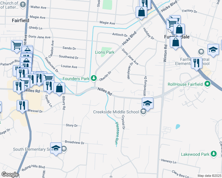 map of restaurants, bars, coffee shops, grocery stores, and more near 5200 Capitol Hill Drive in Fairfield