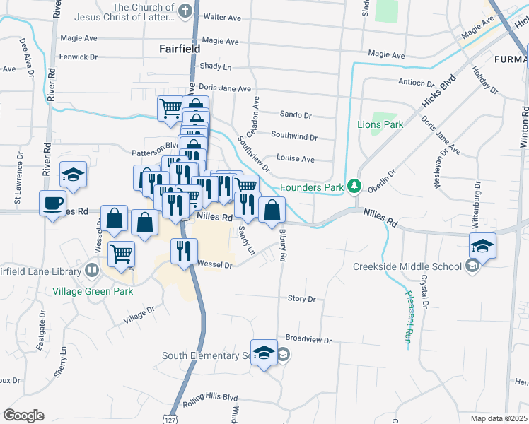 map of restaurants, bars, coffee shops, grocery stores, and more near 770 Nilles Road in Fairfield