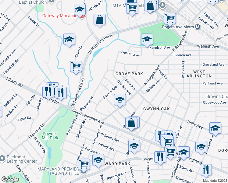 map of restaurants, bars, coffee shops, grocery stores, and more near 3807 Bowers Avenue in Baltimore