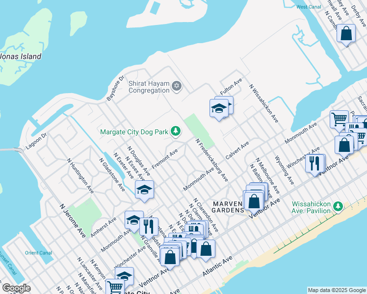map of restaurants, bars, coffee shops, grocery stores, and more near 7506 Fremont Avenue in Margate City