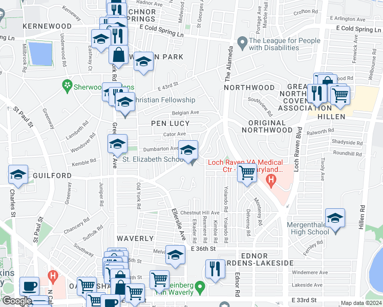 map of restaurants, bars, coffee shops, grocery stores, and more near 824 Argonne Drive in Baltimore