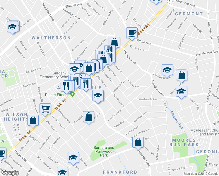 map of restaurants, bars, coffee shops, grocery stores, and more near 4312 Willshire Avenue in Baltimore