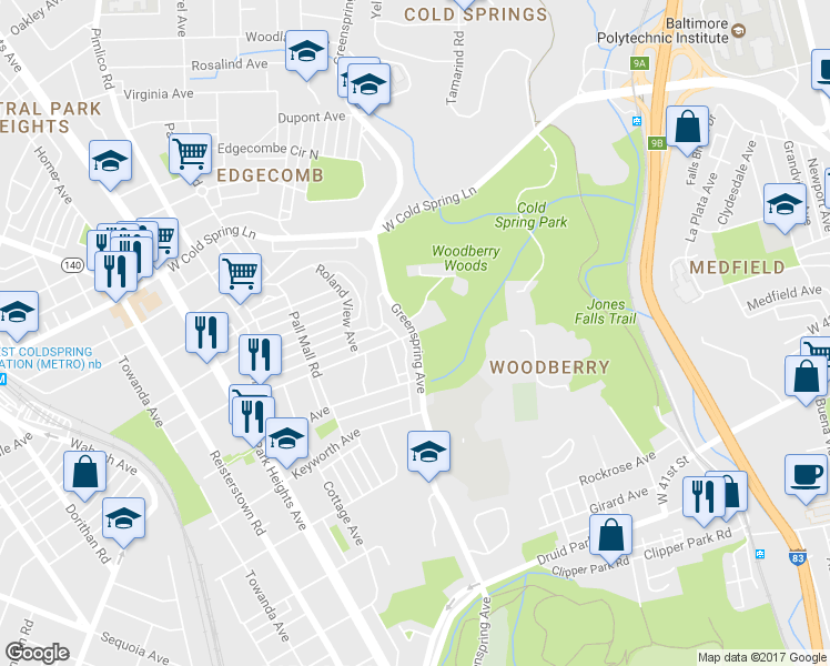 map of restaurants, bars, coffee shops, grocery stores, and more near Greenspring Ave & Oswego Ave in Baltimore