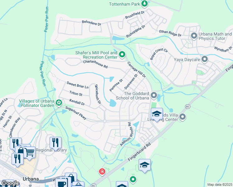 map of restaurants, bars, coffee shops, grocery stores, and more near 9317 Penrose Street in Frederick