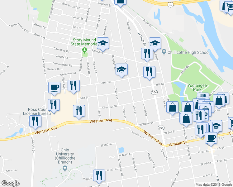 map of restaurants, bars, coffee shops, grocery stores, and more near 398 Mill Street in Chillicothe