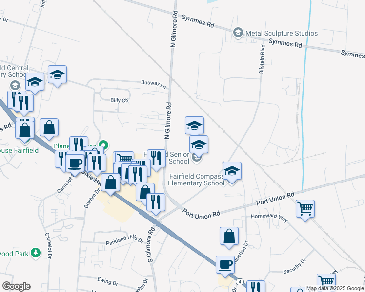 map of restaurants, bars, coffee shops, grocery stores, and more near 8790 North Gilmore Road in Fairfield