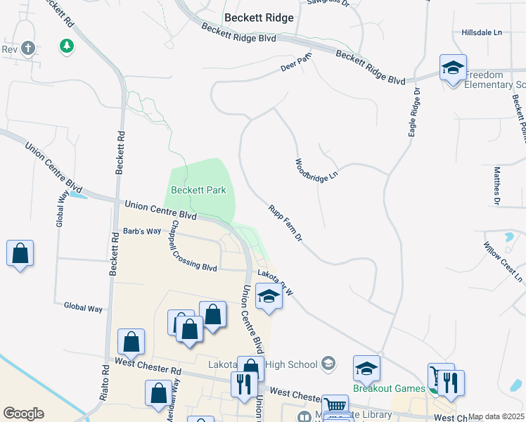 map of restaurants, bars, coffee shops, grocery stores, and more near 8603 Rupp Farm Drive in Beckett Ridge