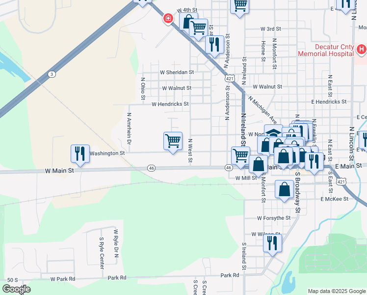 map of restaurants, bars, coffee shops, grocery stores, and more near 708 West Washington Street in Greensburg