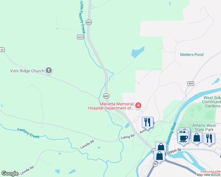map of restaurants, bars, coffee shops, grocery stores, and more near 9428 Ohio 682 in Athens