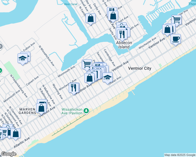 map of restaurants, bars, coffee shops, grocery stores, and more near 6412 Ventnor Avenue in Ventnor City