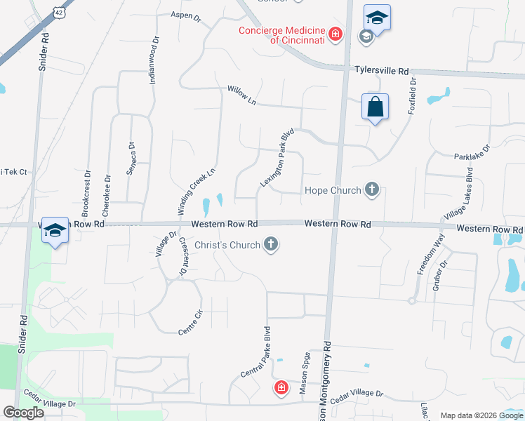 map of restaurants, bars, coffee shops, grocery stores, and more near 6984 Lexington Park Boulevard in Mason