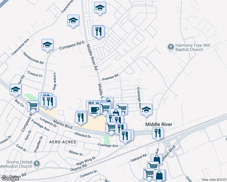 map of restaurants, bars, coffee shops, grocery stores, and more near 23 Holcumb Court in Middle River