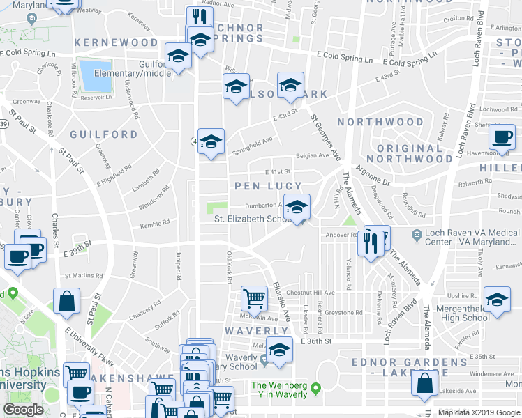 map of restaurants, bars, coffee shops, grocery stores, and more near 645 Dumbarton Avenue in Baltimore