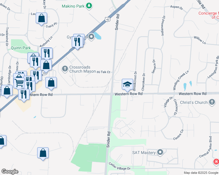 map of restaurants, bars, coffee shops, grocery stores, and more near 6004 Western Row Road in Mason