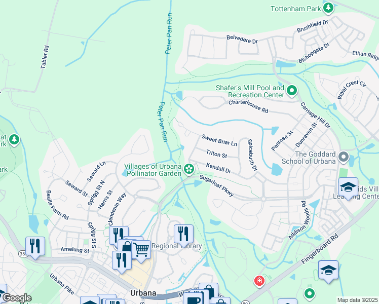 map of restaurants, bars, coffee shops, grocery stores, and more near 3851 Triton Lane in Frederick