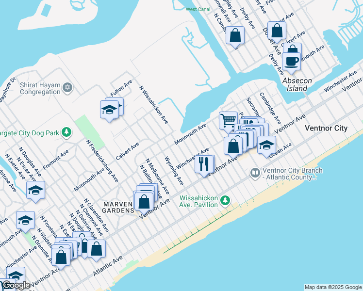 map of restaurants, bars, coffee shops, grocery stores, and more near 108 North Wissahickon Avenue in Ventnor City