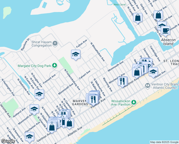 map of restaurants, bars, coffee shops, grocery stores, and more near 7021-7023 Ventnor Avenue in Ventnor City