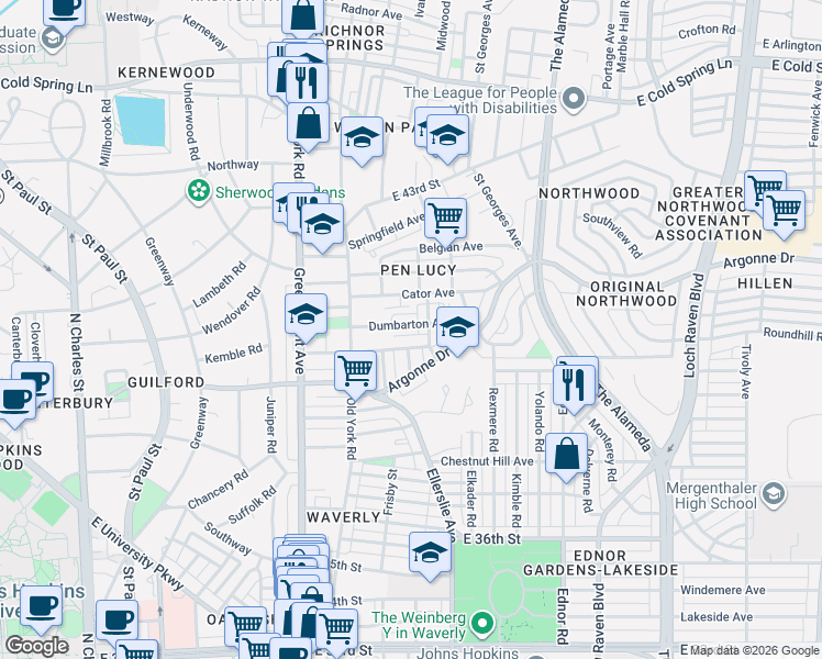 map of restaurants, bars, coffee shops, grocery stores, and more near 631 Wyanoke Avenue in Baltimore