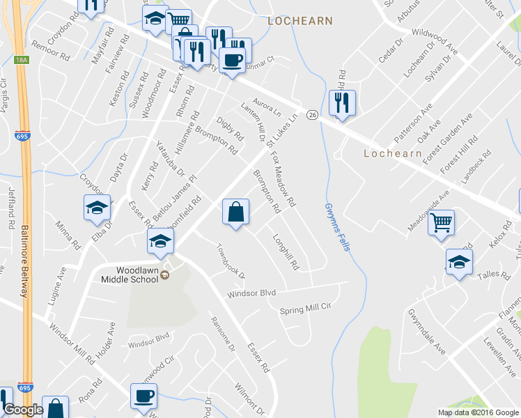 map of restaurants, bars, coffee shops, grocery stores, and more near 3209 Burning Well Road in Lochearn