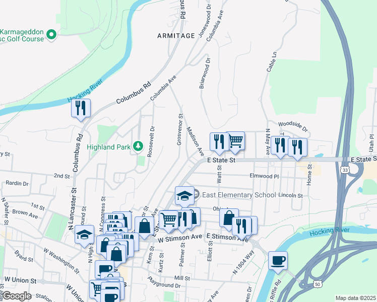 map of restaurants, bars, coffee shops, grocery stores, and more near 143 Franklin Avenue in Athens