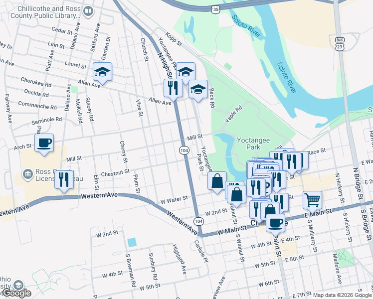 map of restaurants, bars, coffee shops, grocery stores, and more near in Chillicothe
