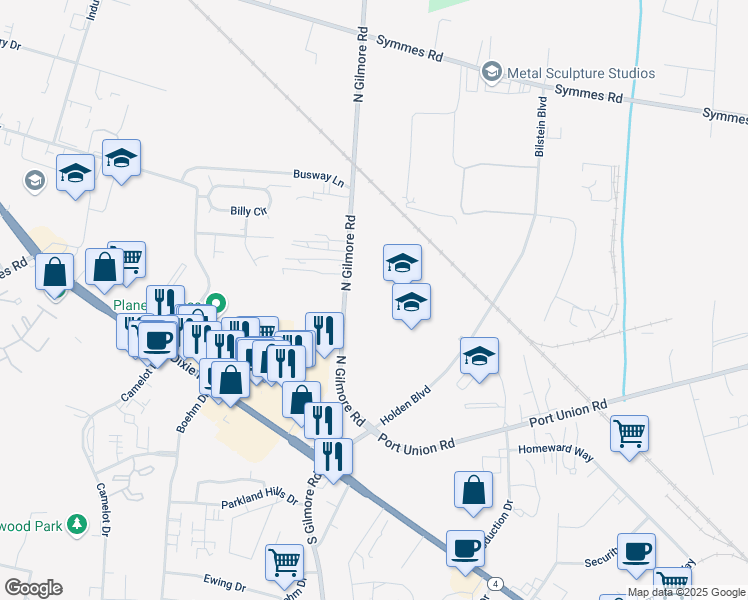 map of restaurants, bars, coffee shops, grocery stores, and more near 8790 North Gilmore Road in Fairfield