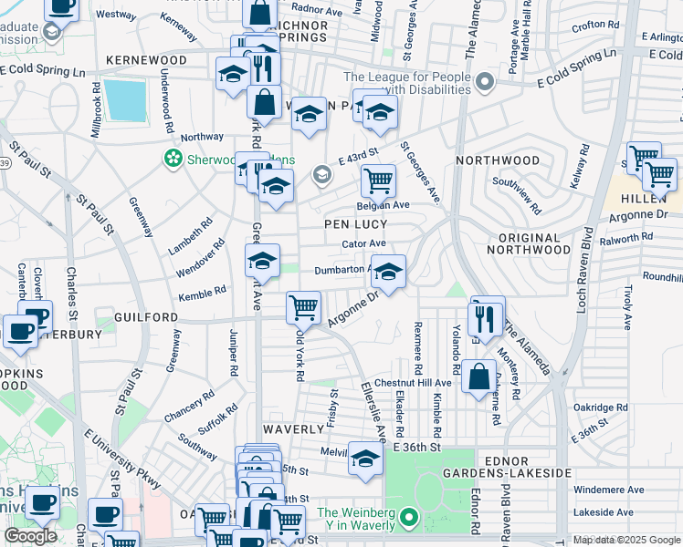 map of restaurants, bars, coffee shops, grocery stores, and more near 645 Dumbarton Avenue in Baltimore