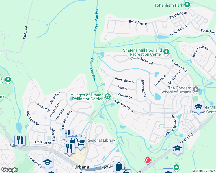 map of restaurants, bars, coffee shops, grocery stores, and more near 3851 Triton Lane in Frederick