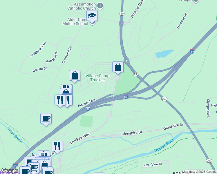 map of restaurants, bars, coffee shops, grocery stores, and more near 10475 Pioneer Trail in Truckee