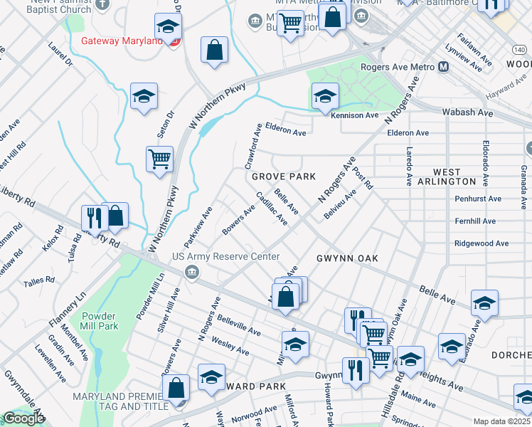 map of restaurants, bars, coffee shops, grocery stores, and more near 5527 Cadillac Avenue in Baltimore